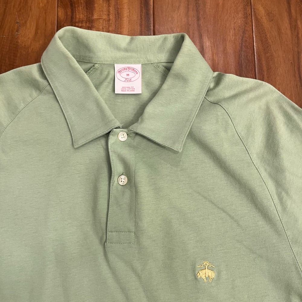 Brooks Brothers 346 Polo Shirt Mens Medium Sage Green Cotton Short Sleeve Logo